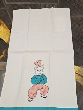 VINTAGE White Cotton Tea Towel with Blue and Pink Clown Dog Motif